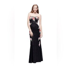 Black lace and pink/red floral embroidered gown - size 7